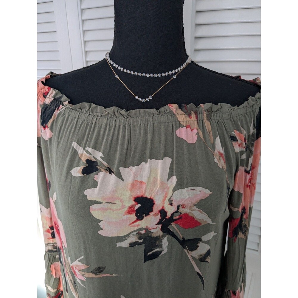 White House Black Market Top Women's S Boho Green Off the Shoulder Floral Blouse - Picture 2 of 11